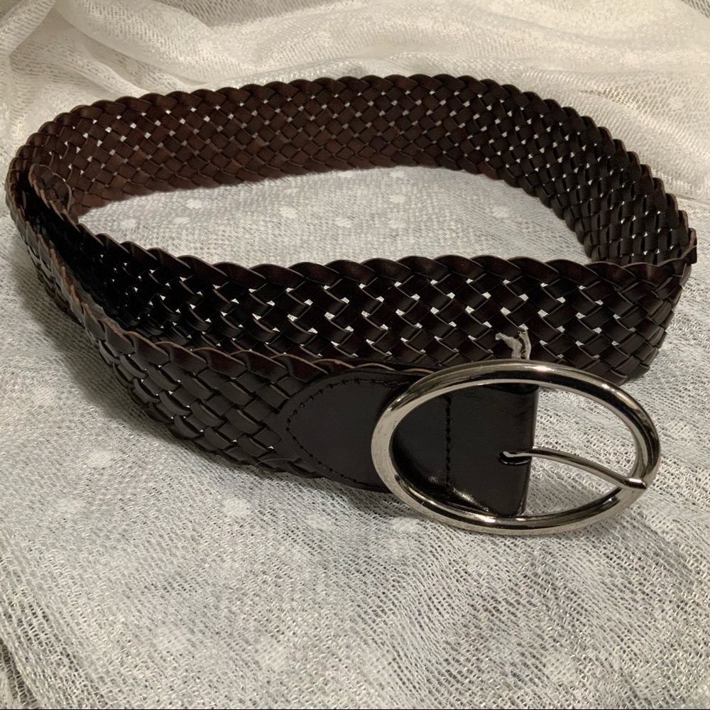 BLACK GENUINE BONDED LEATHER WEAVE BELT w OVAL BUCKLE M/L